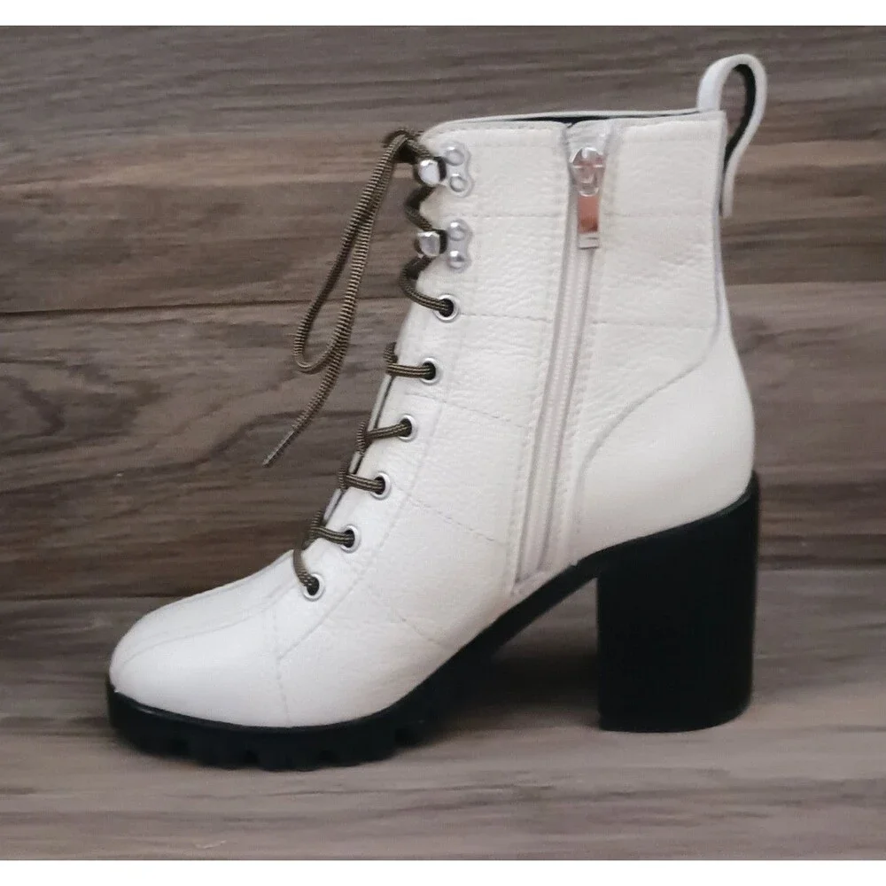 New PAIGE Christie Ivory Pebbled Leather Lace Up Combat Boot Block Heel Sz 6